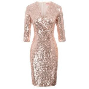 Sequin V-Neck 3/4 Sleeve Sheath Dress - Rose Gold